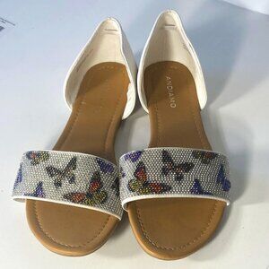 Andiamo SZ 10W White slip on flat sandal Beaded butterfly detail artsy unique